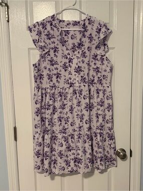 SHEIN White/Purple Floral Tiered Ruffle Sleeve Dress